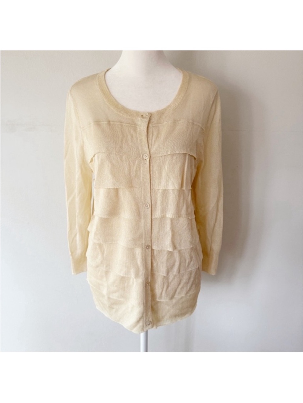 Talbots Women Ruffle Cardigan Medium Neutral Office Preppy Coastal Beachy Casual